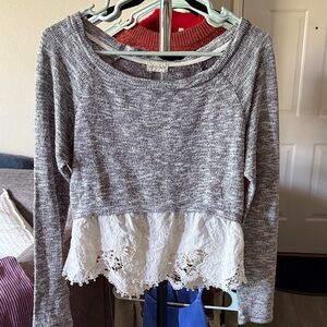 Maison Jules Gray Top with White Lace Hem